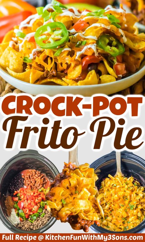 Crockpot Frito Pie - Easy Dinner Recipe that's Loved By Kids and Adults. Crock Pot Frito Pie Recipe, Crockpot Frito Taco Bowls, Crockpot Frito Casserole, Frito Enchilada Crockpot, Frito Pie Crockpot, Crockpot Frito Pie, Frito Boats, Crock Pot Mexican Recipes, Crockpot Pie