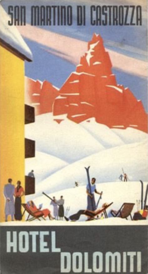 San Martino di Castrozza • Dolomites Vintage Mountain Poster, Vintage Travel Party, Graphic Mountain, Vintage Travel Wedding, Vintage Travel Themes, Sky Poster, Travel Printables, Vintage Ski Posters, Vintage Postcards Travel