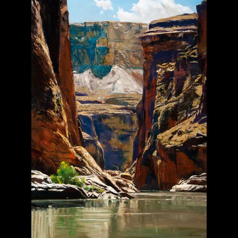 "Still Waters Run Deep" by Darrell Thomas | Painting: Oil/Acrylic #CottonwoodArtFest #DarrellThomas #richardsontx #oilpainting #fineart Wood River, River Painting, Western Paintings, River Art, Virtual Art, Southwest Art, Mountain Paintings, Plein Air Paintings, Painting Inspiration