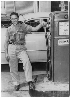 Photograph of a Humble gas station attendant standing next to a gas pump around 1950. His uniform has a "Humble" patch on the shirt. Gas Station Uniform, Worst Inventions, Grease Costume, Gas Station Attendant, 1950s Photos, Vintage Gas Pumps, Oil Service, Old Gas Stations, Gas Pump