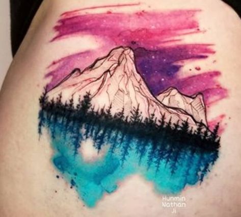 Colored Mountain Tattoo, Mountain Tattoo With Color, Mountain And Dog Tattoo, Mountain Tattoo Color, Color Mountain Tattoo, Mountains With Northern Lights Tattoo, Colourful Mountain Tattoo, Watercolour Mountain Tattoo, Mountain Ocean Forest Tattoo