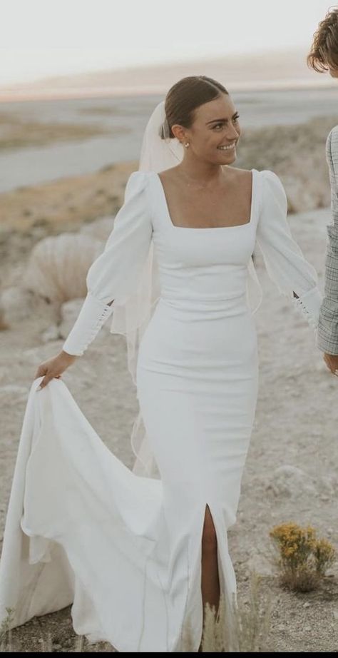 Polyester Wedding Dress, Adding Sleeves To Strapless Wedding Dress, Tight Wedding Dress Modest, Classic Wedding Dress Sleeves, Elegant Elopement Dress, Classic Modest Wedding Dress, Wedding Dress For Short Torso, Simple Long Sleeve Wedding Dress Fall Bride, Simple Fall Wedding Dress