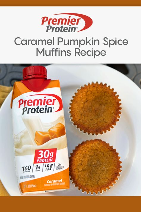 Premier Protein® Caramel Pumpkin Spice Muffins Recipe : ObesityHelp Protien Shake Recipes, Spice Muffins Recipe, Protein Caramel, Protein Drink Recipes, Pancakes Protein, Caramel Pumpkin, Bariatric Friendly Recipes, Protein Dinner, Spice Muffins