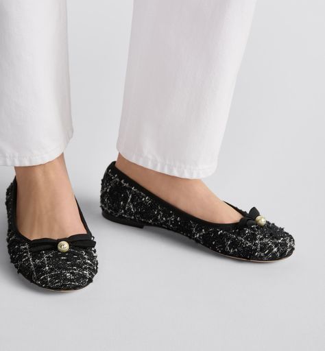 Dior Ballet Flat Black and White Cannage Tweed | DIOR Couture Aesthetic, Comfortable Ballet Flats, Resin Pearl, Dior Star, Pretty Shoes Sneakers, Black And White Tweed, Dior Book Tote, White Tweed, Star Shoes