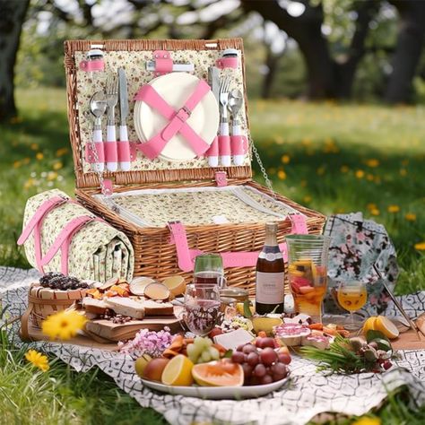 Barbie Pink Picnic Basket Set - Vintage Classic Wicker Basket Includes Stainless Steel Cutlery, Porcelain Plate, Wine Glasses, Waterproof Mat. This wicker picnic basket has everything you need for a picnic with 4 friends! #picnic #beach #park #datenight #proposal #engagementideas #weddingideas #weddinggifts #picnicideas #bridalshower #romanticdate #cheeseandwine #cheeseboard #parkouting #perfectdate #beachdate #girlfriendgiftideas #romanticgifts #floral #blanket #outdoordates #camping #campsite Pink Picnic Basket, Outdoor Dates, Pink Picnic, Picnic Basket Set, Waterproof Picnic Blanket, 4 Friends, Picnic Hamper, Wicker Picnic Basket, Picnic Beach