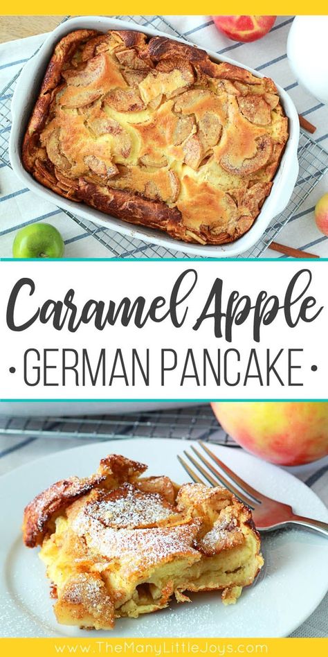 Caramel Apple German Pancake - The Many Little Joys Apple Pancake Recipe, German Breakfast, German Pancakes Recipe, Fancy Breakfast, German Pancakes, Apple Pancakes, Cheese Burger, Fall Breakfast, Caramel Apple