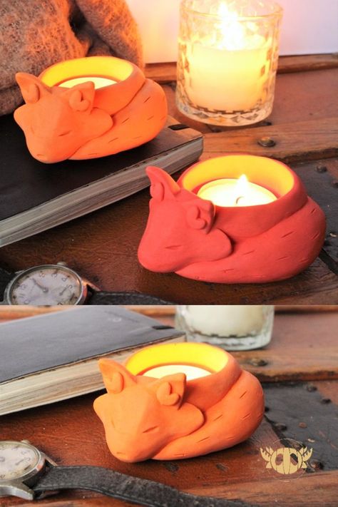 Fox Candle, Clay Fox, Clay Candle Holders, Fire Candle, Clay Candle, Fox Gift, Cute Candles, Diy Holder, Small Sculptures