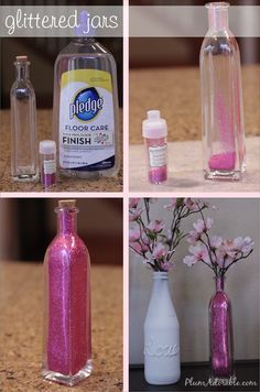 make a glitter vase. Coat inside of vase with Pledge floor cleaner. then put in glitter to cover the floor cleaner, dump out excess. done! place a clear cup inside to prevent items inside the vase from scratching away the glitter. Do It Yourself Decoration, Glitter Jars, Crafty Craft, Mod Podge, Crafty Diy, Craft Time, Diy Projects To Try, Cute Crafts, Bottle Crafts