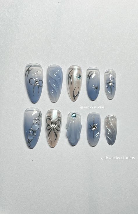 Y2k Nail Art Designs, Nct Inspired Nails, Y2k Blue Nails, Y2k Nails Blue, Y2k Nail Art, Nail Y2k, Blue Y2k Nails, Korea Nail Art, Blue Gel Nails