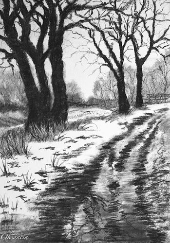 Charcoal drawing on heavy paper. Copyright 2010 Oksancia (Oksana P Pasishnychenko).  Read more on my blog! Landscaping Drawing, Landscape Pencil Drawings, Drawing Charcoal, Art Charcoal, Landscape Sketch, Charcoal Sketch, White Drawing, 흑백 그림, Charcoal Art