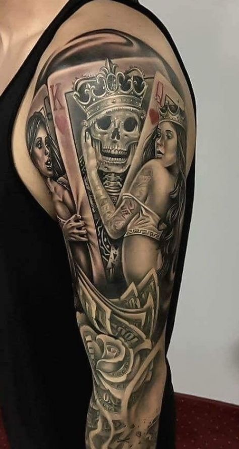 Skeleton With Crown Tattoo, Cards Crown, Skeleton Cards, King Of Hearts Tattoo, Skull Tattoos For Men, Mexican Skull Tattoos, Shoulder Armor Tattoo, Cards Tattoo, Body Armor Tattoo