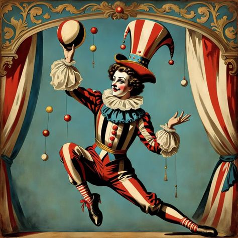 Vintage French Circus, Fantasy Clown Art, Circus Art Illustration, Clown Juggling, Harlequin Jester, Fairground Art, Circus Clipart, Crowd Drawing, Circus Background