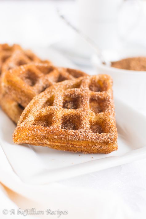 Churro Waffles with Mexican Chocolate Sauce - A baJillian Recipes Easy Breakfast Dessert, Sourdough French Toast Recipe, Mexican Chocolate Sauce, Churro Waffles, Cinnamon Sugar Pretzels, Dessert Waffles, Waffle Ingredients, Crispy Waffle, Cinnamon Coffee Cake