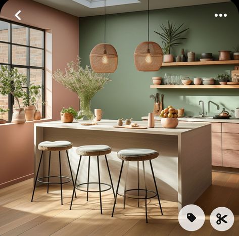 Terracotta Wall Color Living Room, Peach Kitchen Walls, Sage Kitchen Walls, Rose Kitchen, Earthy Kitchen, Color Durazno, Green Kitchen Designs, Peach Kitchen, Accent Wall Colors