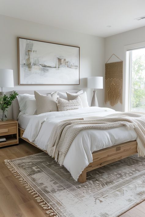 Transform Your Space: Discover the Elegance of a Modern, Boho-Chic Bedroom Neutral Bedroom Aesthetic, Neutral Bedroom Decor Ideas, Modern Farmhouse Guest Bedroom, Modern Guest Bedroom Ideas, Modern Guest Bedroom, Textured Pillows, Farmhouse Guest Bedroom, Elegant Bedroom Design, Bedroom Inspirations Master