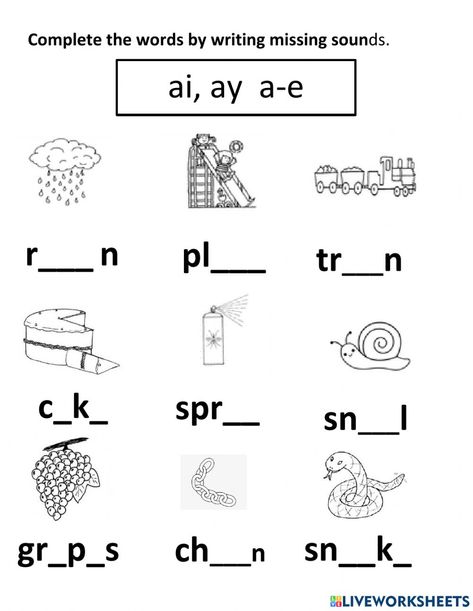 Ay Sound Worksheets, Long A Sound Worksheets, Teacher Worksheets Printables, Long A Worksheets, Spell Worksheet, Ay Worksheets, Ay Phonics, Phonics Blends Worksheets, Wedding Stations