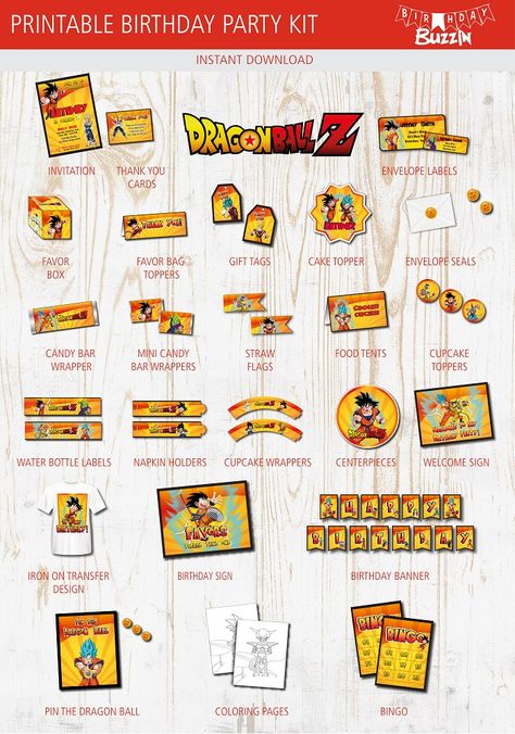 Dragon Ball Z Birthday Party Printable Kit | Birthday Buzzin Dragon Ball Z Party Favors, Dragon Ball Z Birthday Party Decorations, Dragonball Z Birthday, Dragon Ball Z Party Ideas, Dragon Ball Z Birthday Party, Dragon Ball Z Birthday, Goku Birthday, Flag Cake Topper, Favor Bag Toppers