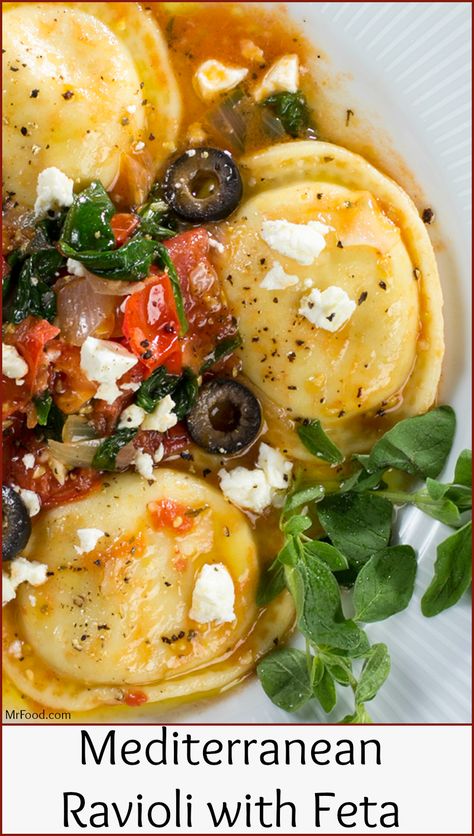 Our Mediterranean Ravioli with Feta is a budget-friendly way to make delicious Italian food at home! You're going to love this easy shortcut recipe because it saves time, without skimping on flavor, and your family will love you for serving up restaurant quality food at the kitchen table. We're sure you'll agree, there's no downside to this easy pasta recipe! Mediterranean Ravioli, Recipes Supper, Food Mediterranean, Healthy Italian Recipes, Easy Pasta Recipe, Italian Street Food, Fancy Dinners, Mediterranean Diet Recipes Dinners, Greek Foods