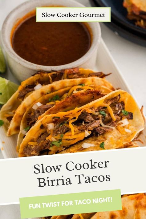 Slow cooker birria tacos are a delicious variation for your next taco night! This classic Mexican dish is simple to recreate and tastes simply amazing when packaged into crispy, cheesy tacos! Just let the meat simmer in the slow cooker and transform into tender, juicy taco filling - and don’t forget the dipping sauce! Street Tacos Recipe Beef, Slow Cooker Birria Tacos, Slow Cooker Birria, Crockpot Beef Tacos, Slow Cooker Meat, Street Taco Recipe, Taco Filling, Beef Tacos Recipes, Recipe Using Chicken