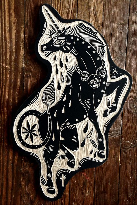 Unicorn. 2012 Bryn Perrott, Unicorn Tattoos, Linoleum Print, Lino Art, Stamp Carving, Linocut Art, Printmaking Art, Woodcuts Prints, Tattoo Flash Art