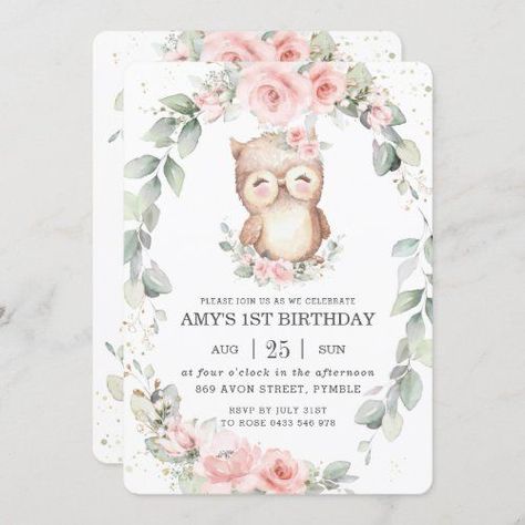 $ 3.04 | Cute Owl Whimsical Pink Floral Greenery Birthday #rustic greenery leafy botanical wreath, whimsical, chic sage green leaves eucalyptus, watercolor, soft pastel dreamy gold glitter, pink blush floral flowers roses, girl 1st birthday party invite, adorable cute owl, woodland animals, owl bird Owl Baby Shower Theme Girl, Greenery Birthday, Owl Baby Shower Invitations, Owl Baby Shower Theme, Owl Birthday Parties, Rustic Baby Shower Invitations, Baby Theme, Winter Owl, Floral Greenery