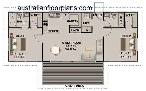 YES!! 2 Bedroom + 2 Bath House Plan:93.6 > 827.7sq ft. Make French Door Entrance by "deck" turned Porch! By laundry make back door. Guest House Plans, Australian House, Small Floor Plans, 2 Bedroom House Plans, Small House Floor Plans, Door Entrance, Tiny House Floor Plans, 2 Bedroom House, Bedroom Floor Plans