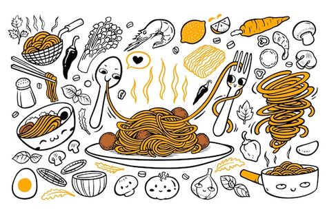 Spaghetti Drawing, Noodle Doodle, Food Doodles, Pasta Spaghetti, Spaghetti Pasta, Favorite Food, Noodles, Graphic Resources, Spaghetti