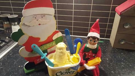 Santa made of butter (bought from Morrisons!) Elf On The Shelf Butter Sculpture, Eots Ideas, Butter Sculpture, Santa's Elves, Xmas Ideas, Shelf Ideas, On The Shelf, Elf On The Shelf, Festival Season