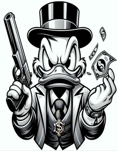 Mickey Mouse Money Tattoo, Daffy Duck Money Tattoo, Scrooge Mcduck Tattoo Design, Scrooge Mcduck Tattoo, Disney Animation Drawings, Scrooge Mcduck Money Tattoo, Gangsta Mickey Mouse, Cartoon Gangster, Jester Art