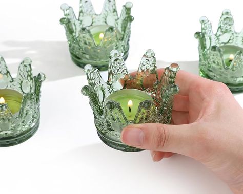 Amazon.com: Vixdonos Crown Glass Tealight Candle Holder Set of 12 Clear Votive Candle Holders for Wedding, Party and Home Decor : Home & Kitchen Table Centerpieces For Sweet 16 Party, Fantasy Wedding Table Decor, Tarot Card Wedding Decor, Enchanted Quinceanera Theme, Princess And The Frog Centerpiece, Sweet 16 Candles, Crown Candle Holder, Wet Bathroom, Sweet 16 Centerpieces