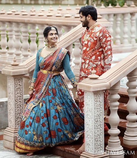 Kalamkari Couple Outfits, Kalamkari Lehenga Indian Weddings, Penkalamkari Lehanga, Kalamkari Crop Top Lehenga, Kalamkari Half Saree Designs, Kalamkari Outfits, Kalamkari Langa Voni, Kalamkari Lehengas, Kalamkari Lehenga Designs