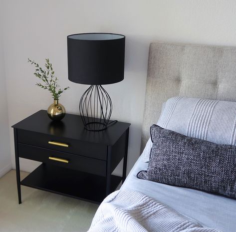 Black Side Table Bedroom, Minimal Modern Bedroom, Dark Minimalist Bedroom, Bedroom Side Table Ideas, Greige Bedroom, West Elm Nightstand, Bedding Target, Bedroom Lamps Nightstand, Black Bedside Table