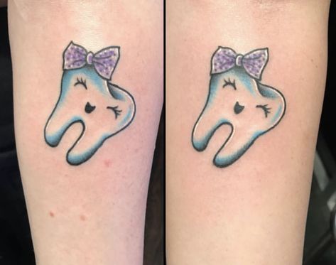 Dental Hygiene Tooth tattoo Sweet Tooth Tattoo, Tooth Tattoos Dental, Small Tooth Tattoo, Dental Tattoo Ideas, Cute Tooth Tattoo Ideas, Tooth Tattoo Ideas, Hand Tattoo Images, Tooth Tattoo, Mark Tattoo