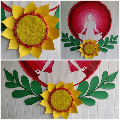 Flower decoration on yoga day celebration in school Flowers Day Celebration At School, Yoga Day Chart For School, Guru Purnima Decoration In School, Class Tree, World Yoga Day, July Art, School Board Decoration, Teacher Craft, Guru Purnima