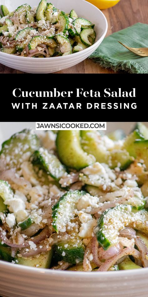 Lebanese Cucumber Salad, Mediterranean Cucumber Salad, Cucumber Salad Dressing, Zaatar Recipe, Cucumber Feta Salad, Easy Cucumber Salad, East Recipes, Summer Bbq Recipes, Pasta Side Dishes