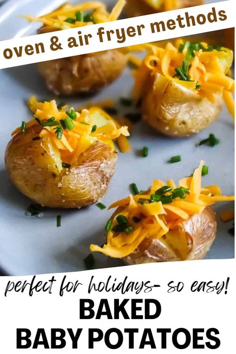 Baked Mini Potatoes are a quick and simple appetizer or finger food for holidays, parties and special occasions. Make them in the oven or air fryer. Either way, they turn into crispy roasted mini potatoes with a delicious creamy inside. Top with yummy baked potato fixings, like sour cream, cheese, bacon bits, and chives or your favorites! Mini Baked Potatoes In The Oven, Potato Bites Air Fryer, Mini Baked Potatoes Appetizers, Mini Potatoes Air Fryer, Air Fryer Mini Potatoes, Mini Potatoes Recipe, Roasted Mini Potatoes, Easy Tailgate Food, Baked Potato With Cheese