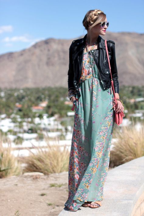 Mix of hard and soft, the maxi dress is just SO beautiful Boho Chique, Boho Mode, Estilo Hippie, Coachella Fashion, Mode Boho, Jacket Outfit, Leather Dresses, Inspiration Mode, Looks Style