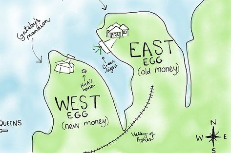 A drawn map of East Egg and West Egg. "Riotous island which extends itself due East of New York." (3). West Egg Gatsby, Great Gatsby One Pager, The Great Gatsby Characters, Nick Carraway, The Great Gatsby 2013, Map Drawing, Jay Gatsby, Literature Humor, High School English