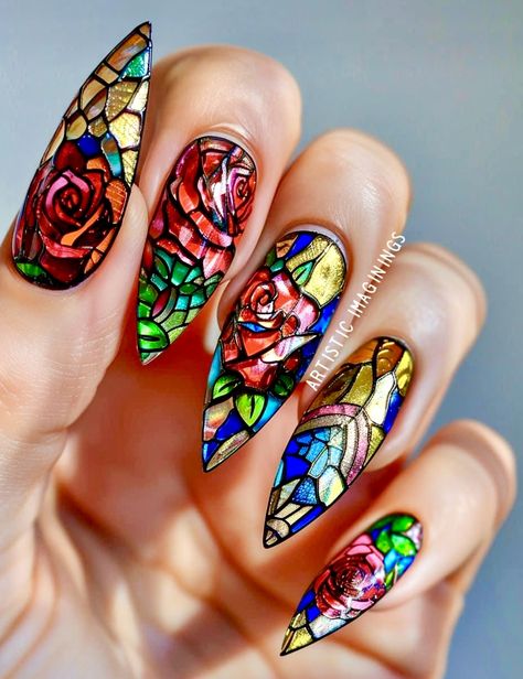 Stained Glass Window Nails, Beauty And The Beast Nails Designs, Botanical Nails, Stained Glass Nail Art, Stained Glass Nails, Beauty And The Beast Nails, Space Nail Art, Luxury Nail Art, Fall Nail Art Ideas