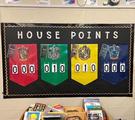 Our new classroom management system in gifted class #housepoints #hp #harrypotter | Instagram House Points Bulletin Board, House System Bulletin Board Ideas, Ron Clark House System Bulletin Boards, House Points Display School, Ron Clark House System Ideas, House System In Elementary School, House Chart Ideas For Classroom, Ron Clark House System, Ron Clark Classroom