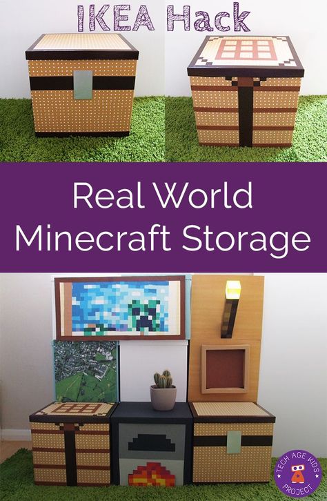 Make 'real-world Minecraft' storage with IKEA Tjena boxes and some craft supplies. Perfect storage decor for a kids bedroom or play room. Ikea Minecraft, Ikea Tjena, Minecraft Storage, Minecraft Room Decor, Ikea Storage Boxes, Bedroom Ideas Minecraft, Minecraft Bedroom Decor, Hack Ikea, Diy Minecraft