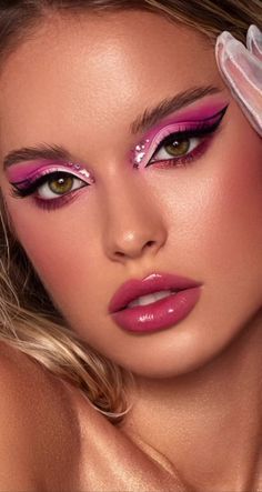 Pink Disco Makeup Looks, Flamingo Makeup Look, Pink Stage Makeup, Show Girl Makeup, Hot Pink Lipstick Makeup Look, Pink Mermaid Makeup, Recital Makeup, Dance Competition Makeup, Cowgirl Makeup