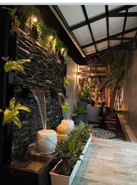 Indoor Fountain Ideas Waterfalls, Waterfall Inside House, Courtyard Waterfall, Indoor Waterfall Wall, Indoor Wall Fountains, Outdoor Wall Fountains, Water Wall Fountain, Water Fountain Design, Taman Air