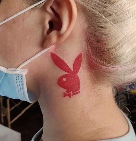 Playboy Bunny Tattoo, Playboy Tattoo, Girl Shoulder Tattoos, Rose Tattoos For Women, Red Tattoo, Neck Tattoos Women, Back Of Neck Tattoo, Bunny Tattoos, Sharpie Tattoos