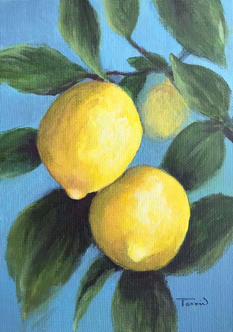 "Title: Lemon Tree II Size: 5\" x 7\" Lemon Tree II was completed in my home studio in Charlotte, North Carolina. Media: Lemon Tree II was painted using professional artist grade acrylic paint on a canvas panel. Painting was finished with a light coat of varnish. Painting can be framed or placed on a small display easel.  Miscellaneous: A Certificate of Authenticity signed by the artist will be provided for your records. United States Shipping: USPS Priority insured mail." Tree Painting Easy, Panel Painting, Lemon Painting, Lemon Art, Display Easel, Easy Canvas Painting, Fruit Painting, Canvas Painting Diy, Light Coat