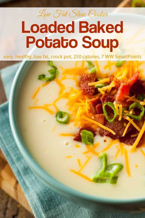 Easy, healthy, creamy and deliciously low fat Loaded Baked Potato Soup you make in the slow cooker. This recipe for creamy potato soup is delicious served on its own, or with warm bread, crackers and a simple salad or or fruit. #slowcookerloadedpotatosoup #loadedbakedpotatosoup #crockpotpotatosoup #bakedpotatosoup #potatosoup #soup #slowcooker #crockpot Slow Cooker Baked Potato Soup, Cowboy Recipes, Slow Cooker Potato, Slow Cooker Potato Soup, Slow Cooker Baking, Slow Cooker Potatoes, Creamy Potato Soup, Baked Potato Soup, Crockpot Dishes