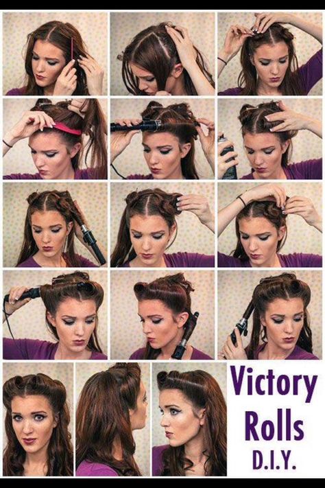 Victory Rolls Up Easy Hairstyles, Rockabilly Hair Tutorials, Pin Up Hairstyles, Cabelo Pin Up, Pinup Hair Tutorial, Hairstyles Step By Step, 40s Hairstyles, Vintage Hairstyles Tutorial, 1950s Hairstyles