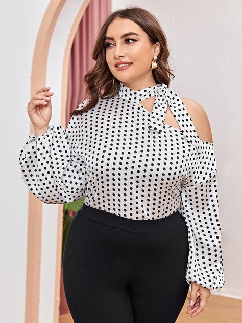 Black and White Elegant  Long Sleeve Polyester Polka Dot Top Embellished Non-Stretch Spring/Fall Plus Size Tops Chiffon Top Styles, Cotton Tops Designs, Printed Chiffon Tops, Chiffon Tops Blouses, Georgette Tops, Fashion Top Outfits, Fancy Tops, Top Shein, Fashion Tops Blouse