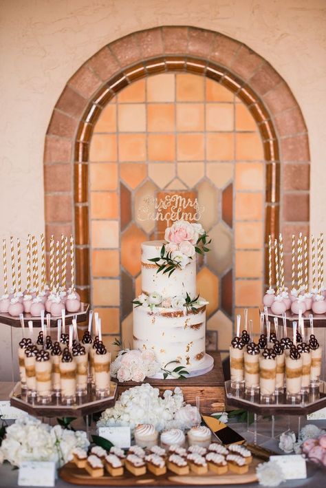 Wedding Cake Sweets Table, Wedding Dessert Table With Cake, Deserts For Weddings Dessert Tables, Wedding Cakes With Cake Pops, Wedding Desert Table Decor, Elegant Desert Table Ideas, Wedding Dessert Table Layout, Wedding Cake With Dessert Table, Cake Pop Dessert Table