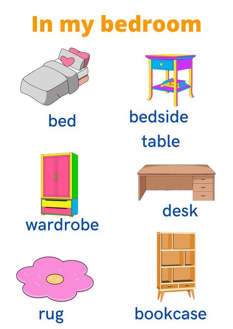 Bedroom Vocabulary English, Bedroom Vocabulary, Simple Reference, Desk Wardrobe, Kids Toy Organization, Kindergarten Learning Activities, Flashcards For Kids, Bedroom Furnishings, Table Rug